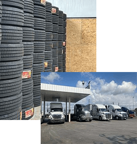 Stacks of truck tires on a warehouse wall, with a lineup of commercial trucks refueling at a station, highlighting logistics and transportation resources.