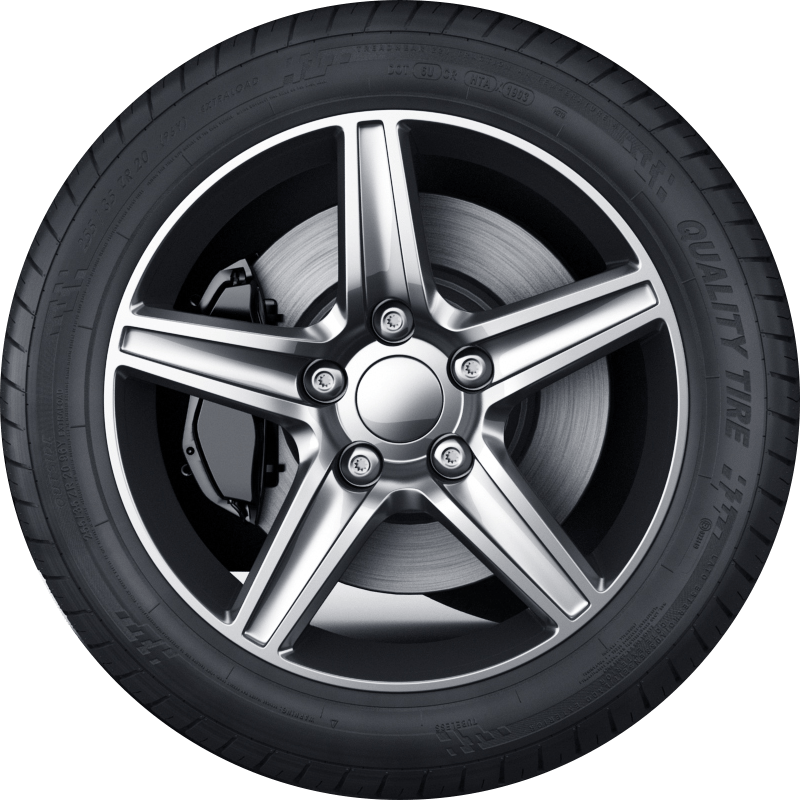 Modern alloy wheel with a sleek five-spoke design, showcasing a black tire. Ideal for automotive product displays or tire reviews.